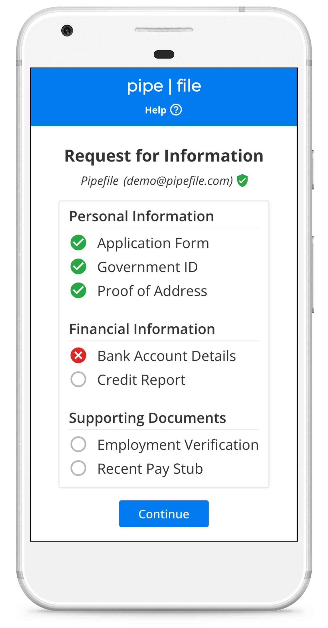 Mobile app showing completed document checklist